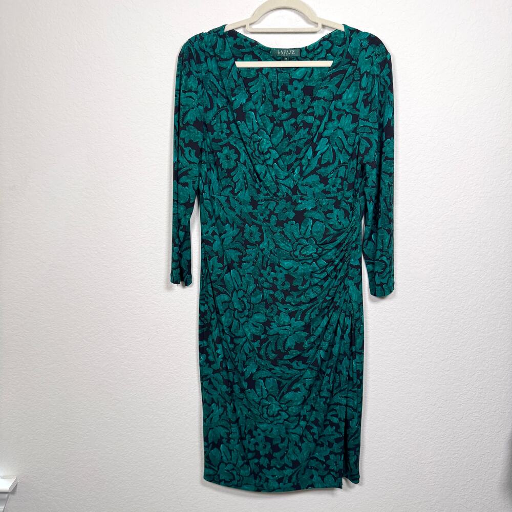 Lauren Ralph Lauren Womens Surplice Jersey Midi Dress Sz 14 Classic Floral Green